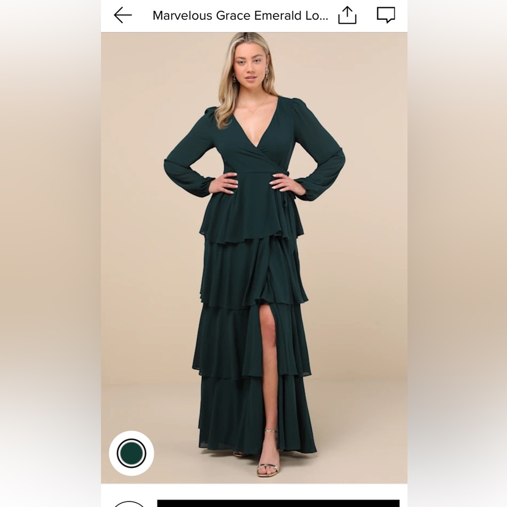 Lulus XS- Marvelous Grace Emerald Long Sleeve Tiered Wrap Maxi Dress